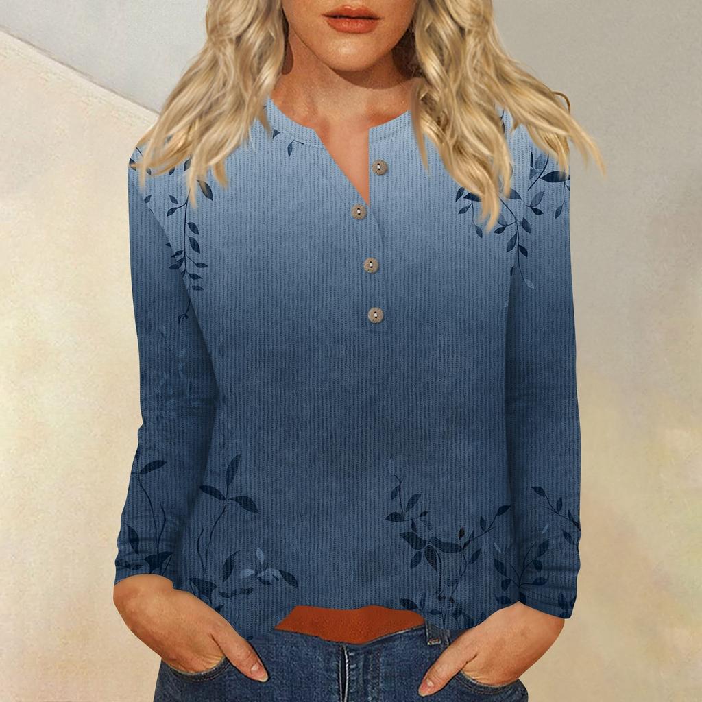 Women's T Shirt Tee Print Button Long Sleeve Daily Weekend Fashion Basic V- Neck Regular Top
