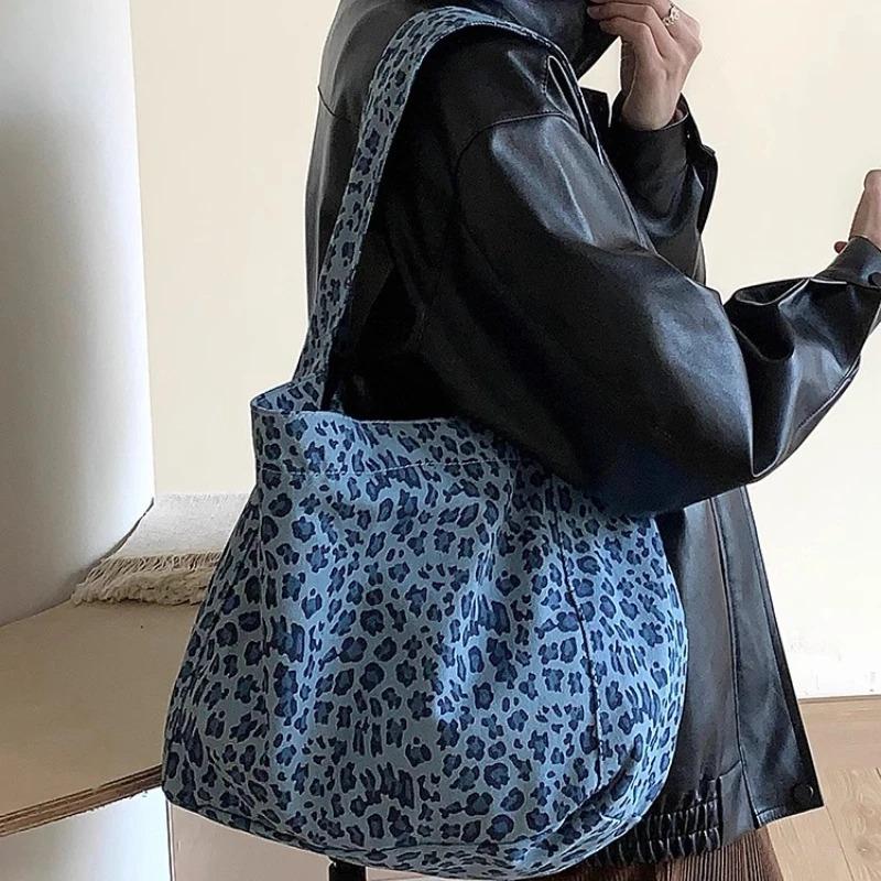 Retro Leopard Print Women's Canvas Shoulder Bags Large Capacity Ladies Casual Tote Handbags Simple Daily Female Underarm Bags