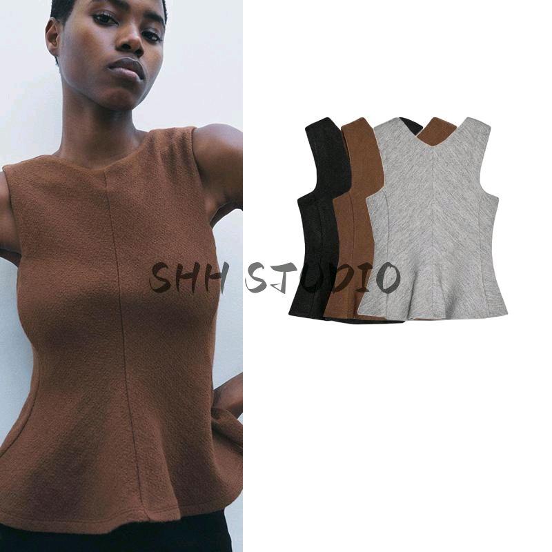 Spring New Women's Clothing Casual Easiest for Match V Neck Sleeveless Hem Short Skirt Texture Tops 1223006