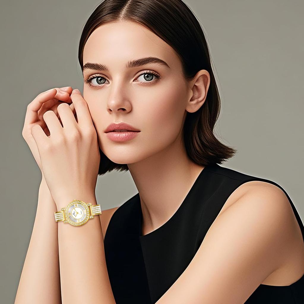 Sparkling Gold Diamond Cute and Stylish Roman Numeral Analog Display Waterproof Quartz Watch Gold Fashion Watch for Women Perfect Gift for Day Women's