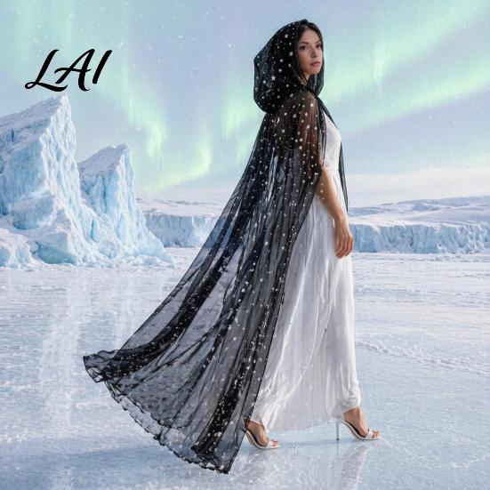 Elegant Stage Performance Cape Full Length Hooded Cloak for Women Star Moon Sheer Gothic Cosplay Robe Tulle Witch Halloween Costume Renaissance