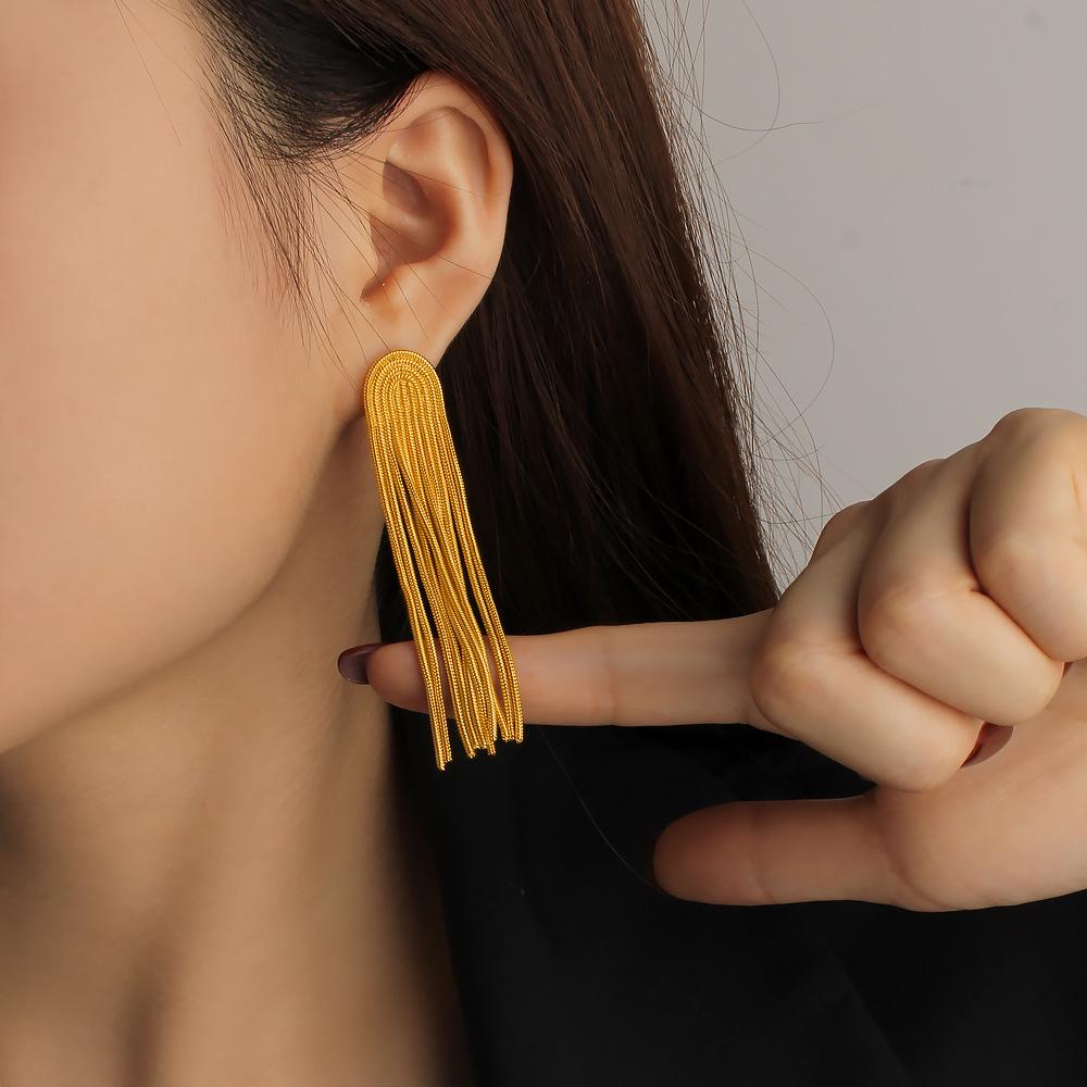 Mei Shi Duo European 18K Gold Tassel Earrings, Stainless Titanium Steel, Fashionable Long Dangle Accessories for Women