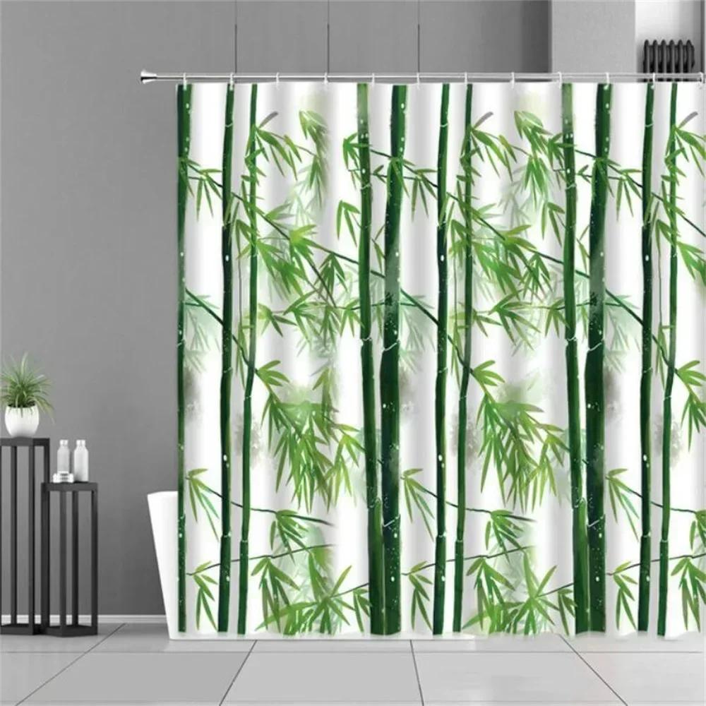 Zen Green Bamboo Shower Curtains Stone Buddha Lotus Candle Asian Japanese Spa Garden Scenery Bath Curtain Fabric Bathroom Decor