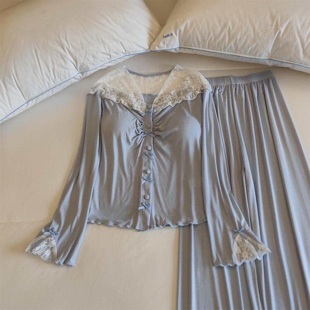 Damska piżama modalna z wkładkami na biust: Dwuczęściowy komplet do domu z długim rękawem i długimi spodniami na każdą porę roku