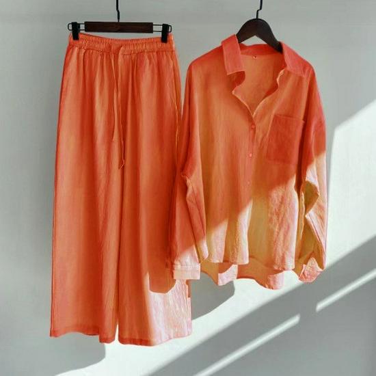Women's Retro Plus Size Cotton Linen 2-Piece Set: High Waist Loose Pants and Shirt for 2024.