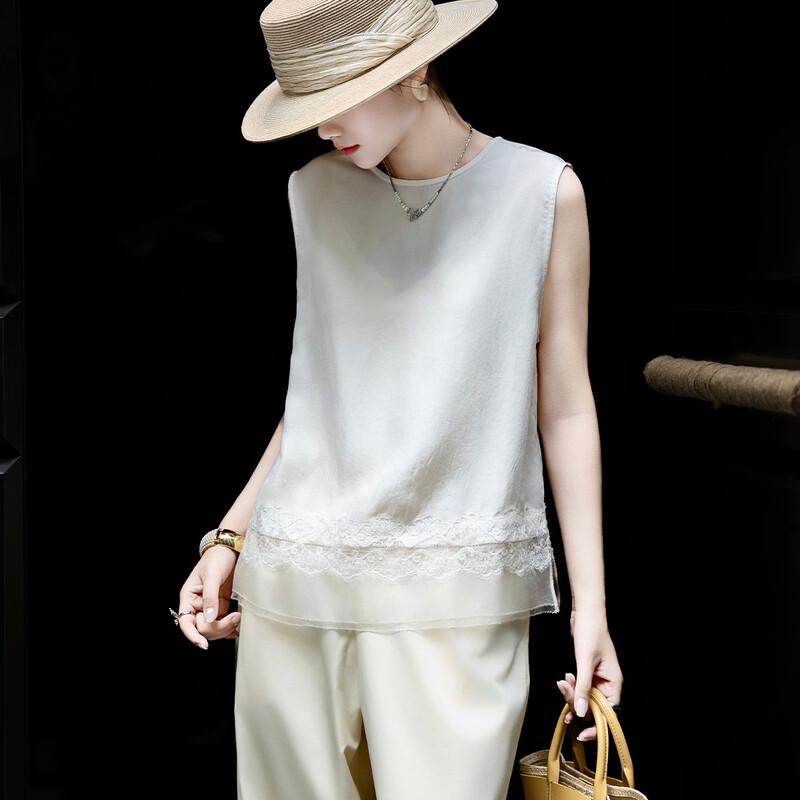 Lanse er 2026 Summer Elegant Spliced Lace Organza Vest L грязно-белый