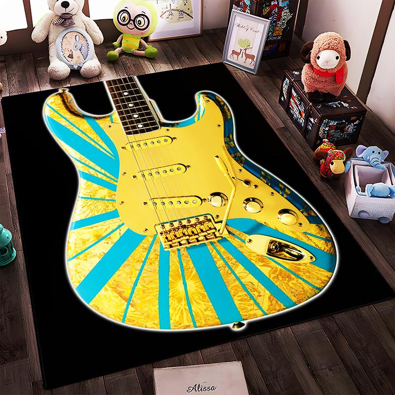 Golden Blue Guitar Design Rug Non-slip rug suitable for living room and bedroom sofas