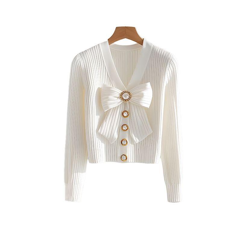 Women's Bowknot Long Sleeved Cardigans Single Breasted Autumn Ladies' Clothing White V-neck Tops for Female