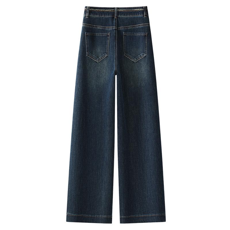 Jean Rétro Bleu Foncé Taille Haute à Jambes Larges pour Femme - Printemps 2025 Pantalon Amincissant à Jambes Droites