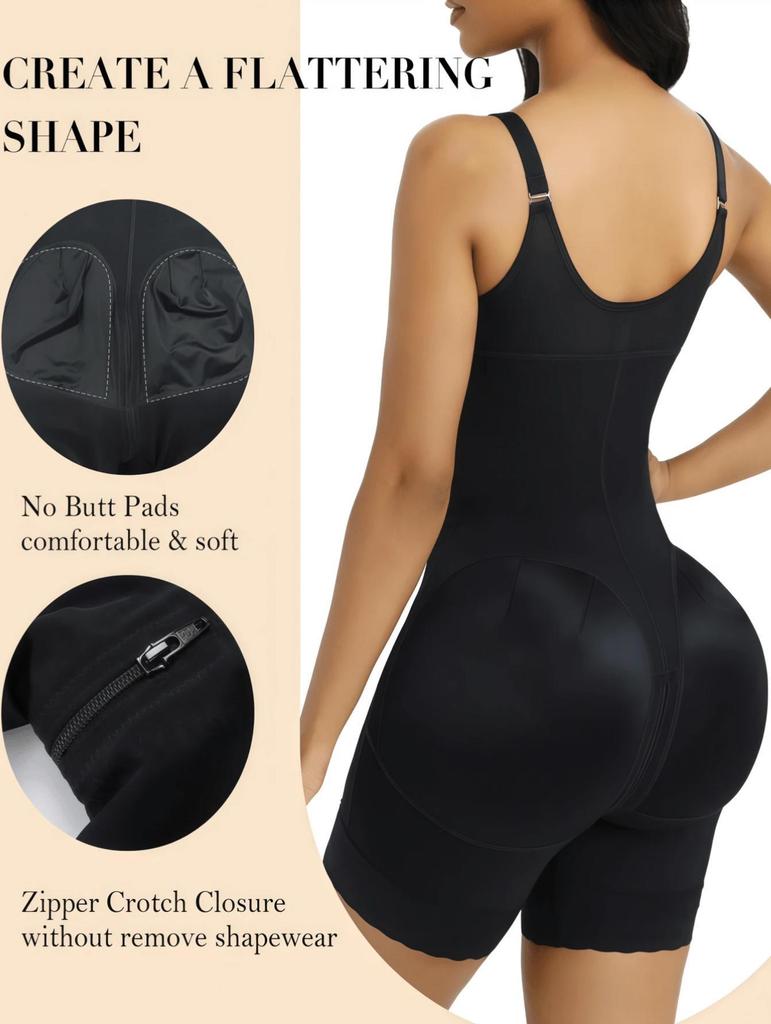 Plus Size Body Shaping Bodysuit with Tummy Control, Butt Lift, Adjustable Straps & Open Crotch