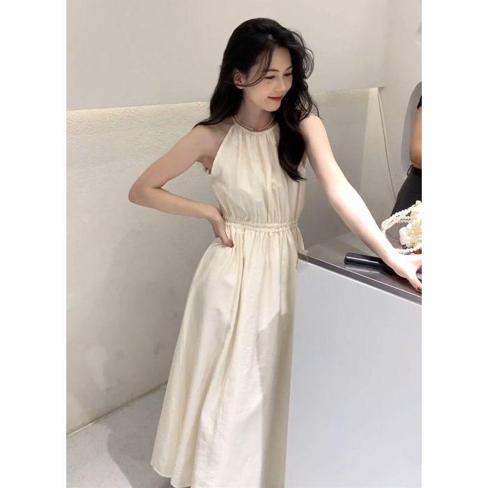 French sweet sleeveless neck sling dress women's summer new small seaside vacation dress