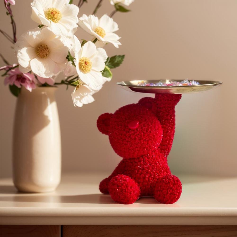 Roses Bear Storage Tray Key Candy Storage Ornament Exquisite Bear Statue Tray Decor Multifunction Bear Figurines for Home Decor