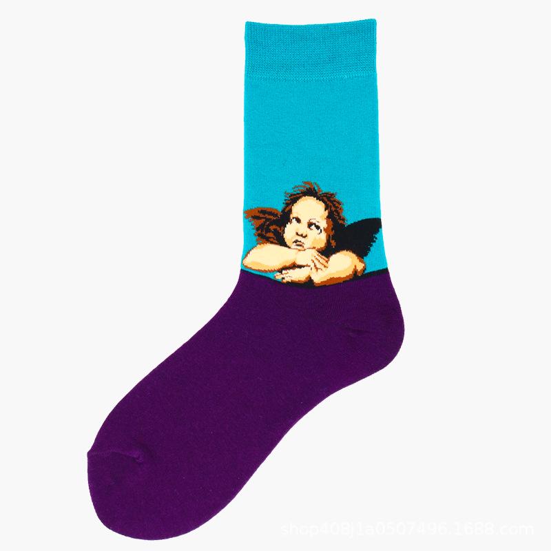 European & American Creative Oil Painting Mid-Calf Socks: Trendy Autumn/Winter High-Tube Cotton Socks