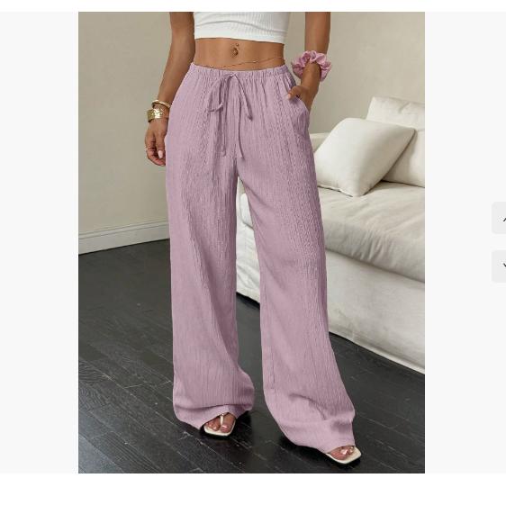Summer Women's Casual Solid Color Texture Fabric Waist Belted Side Pocket Wide Leg Pants
