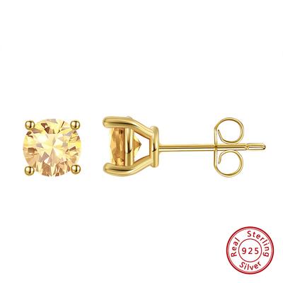 S925 Sterling Silver Earrings Natural Crystal Stone 14K Round Inlaid Four-claw Earrings
