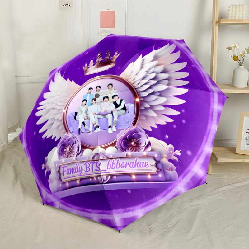 Family Bts Wings And Crown Artwork Design Automatic Umbrella With 8Rib Lightweight Allseason Women'S Umbrella For Travel Fashion Lovers Best For