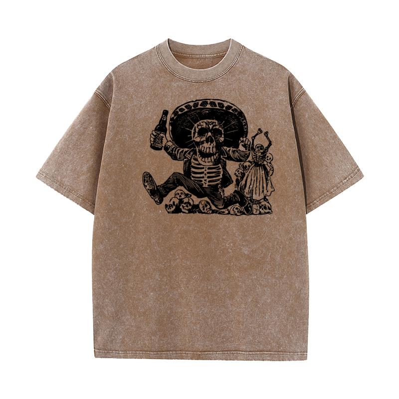 Family Youth Washed T Shirt Funny Skeleton Outdoor Tees Pure Cotton Short Sleeve Printed Washed Tee Shirt O Neck