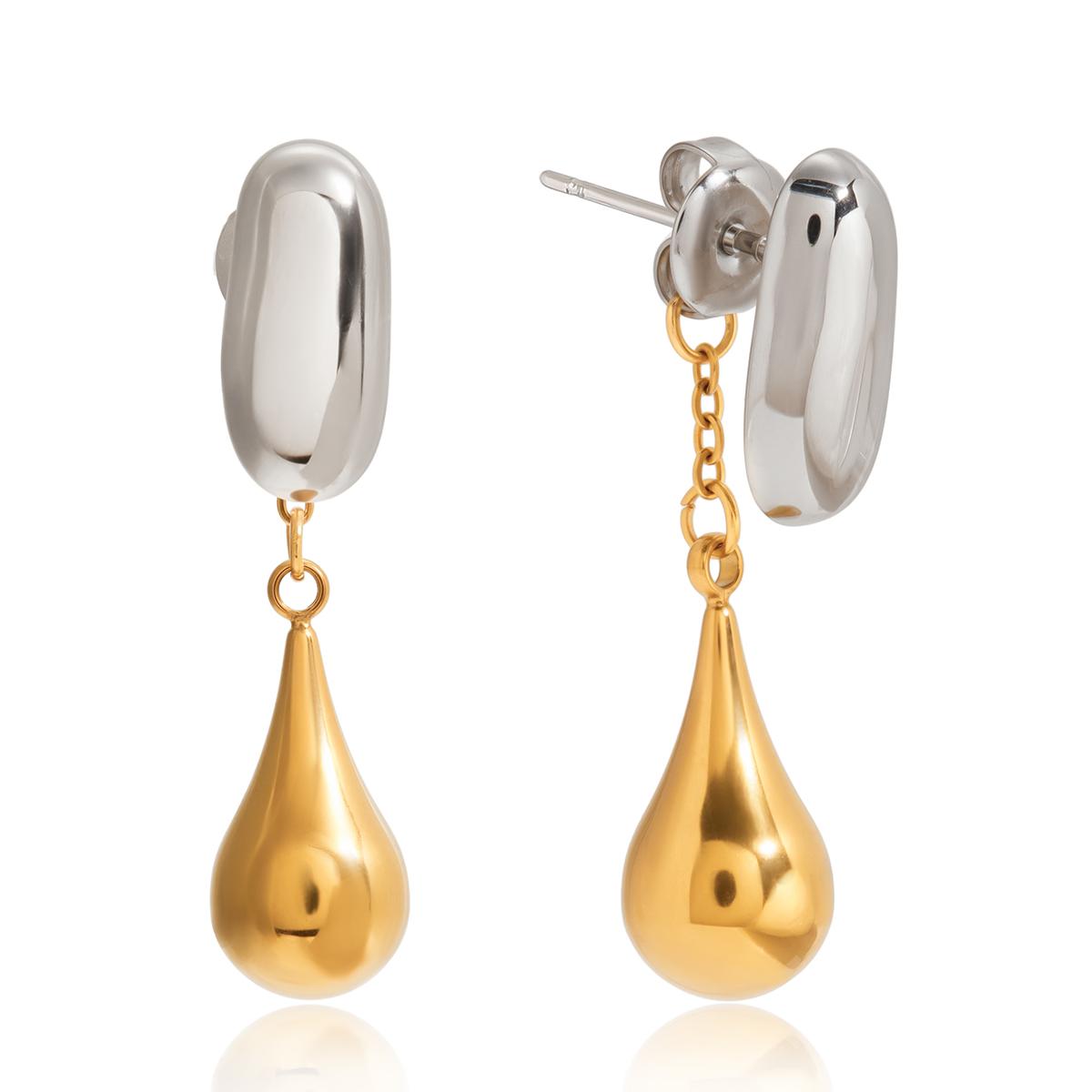 Gold Silver Color Blocked Teardrop Tassel Pendant Earrings for All Occasions Stainless Steel Vintage Fashion Daily Jewelry