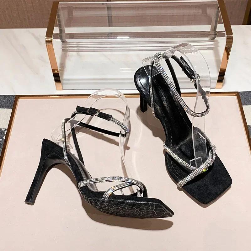 Rhinestone Thin Strap Sandals Women High Heels Summer Sexy Square Toe Ankle Buckle Stiletto Wedding Shoes Bride Small Size 32-42