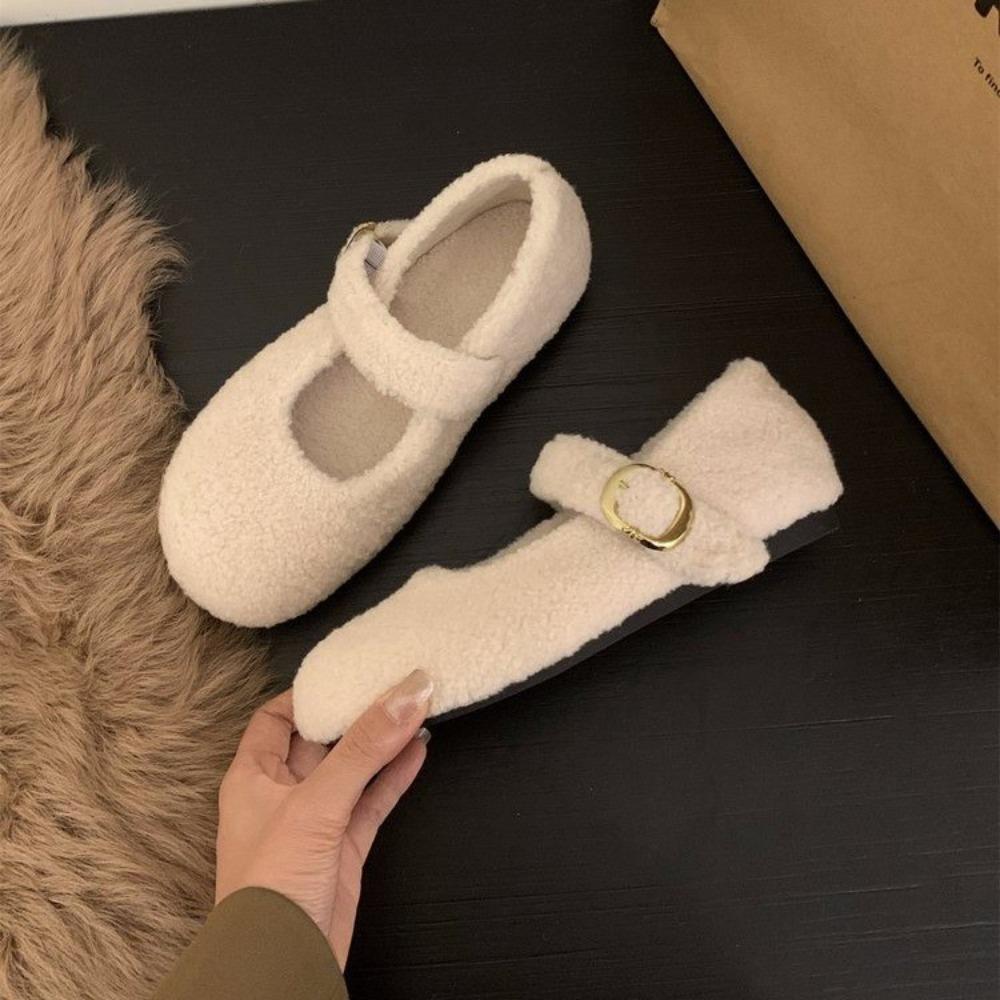 Fashion Fashion Square Toe Fleece Flet Ballet Flats Woman Winter Warm Wool Mary Jane Shoes Ladies Brand Design Elegant Plush Loafers