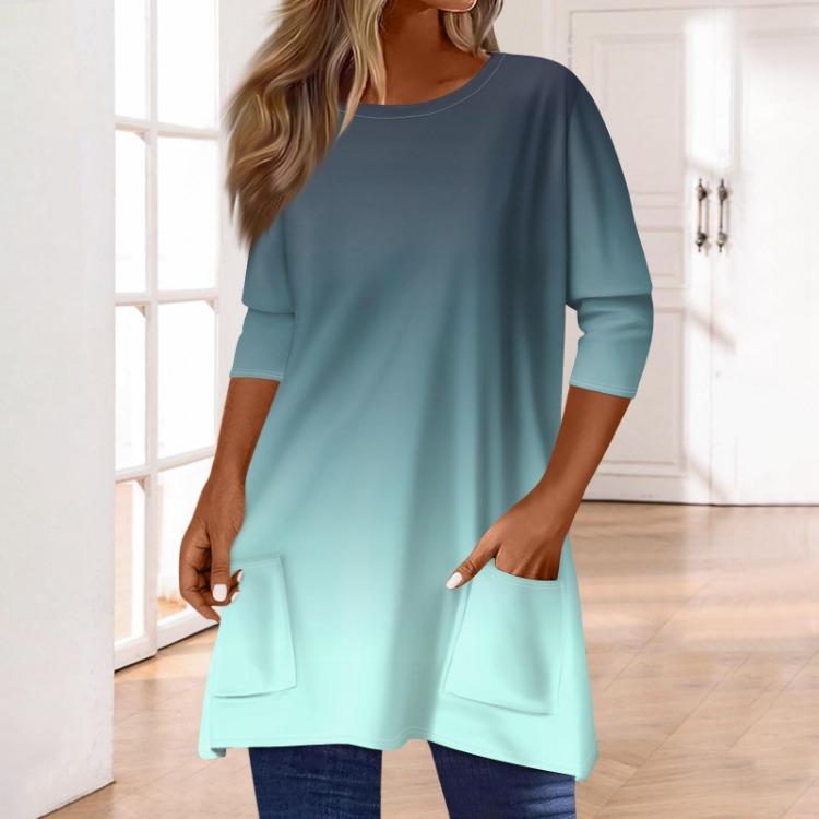 Women 3/4 Sleeve Round Neck T Shirt Casual Print Blouse Pullover Tops with Pocket Mid Length