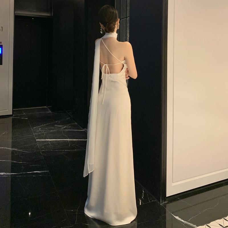 French Temperament Satin Design Slant Shoulder Backless Dress Birthday Party Dress Dress Women