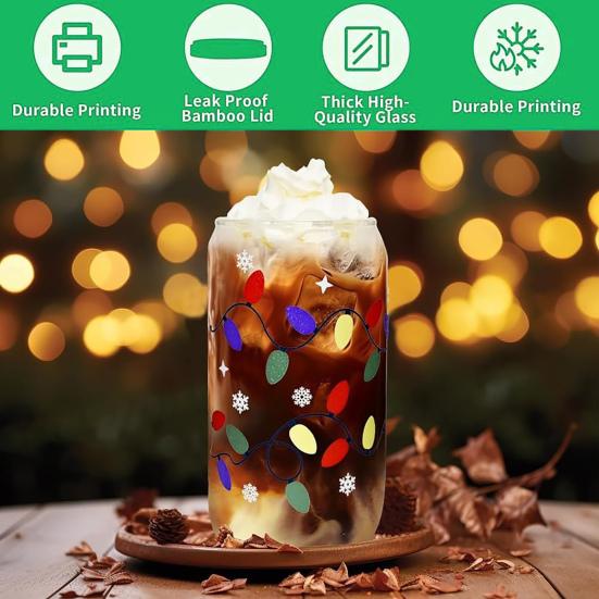 Color Changing Christmas Glass Cup with Lid Straw Brush Reusable Glass Iced Coffee Cup Cute Xmas Party Decorations for Mom Her