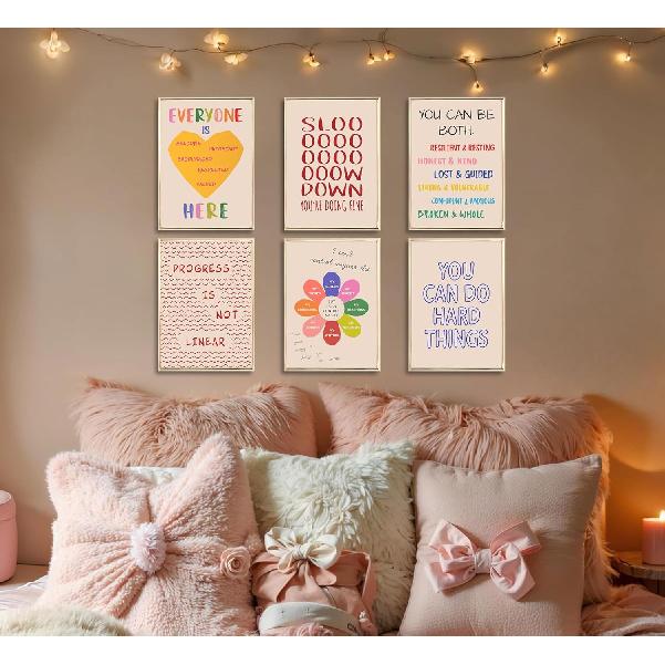 6Pcs Mental Health Wall Art Therapy Office Wall Decor Classroom Poster Motivational Pirational Quotes Pictures Boho Painting Positive Artwork Canvas