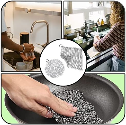 ZoeTekway 2-Piece Cast Iron Cleaner Set - Stainless Steel Ring Scrubber for Dutch Oven, Grill Pan & Wok - Rust Removal Cleaning Tool