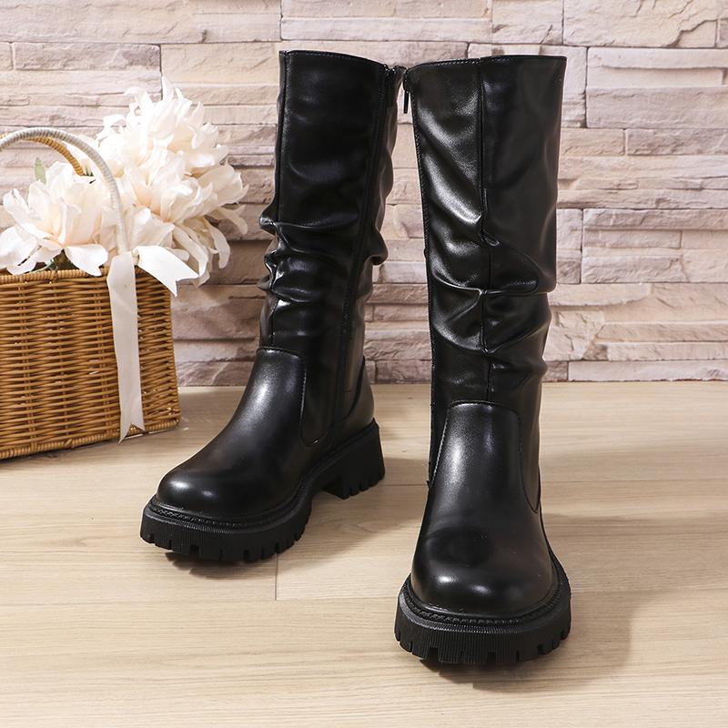Plus Size Punk Platform Mid Calf Boots Women 2024 Side Zipper Pleated Pu Leather Boots Woman Thick Sole Brown Botas Mujer 43