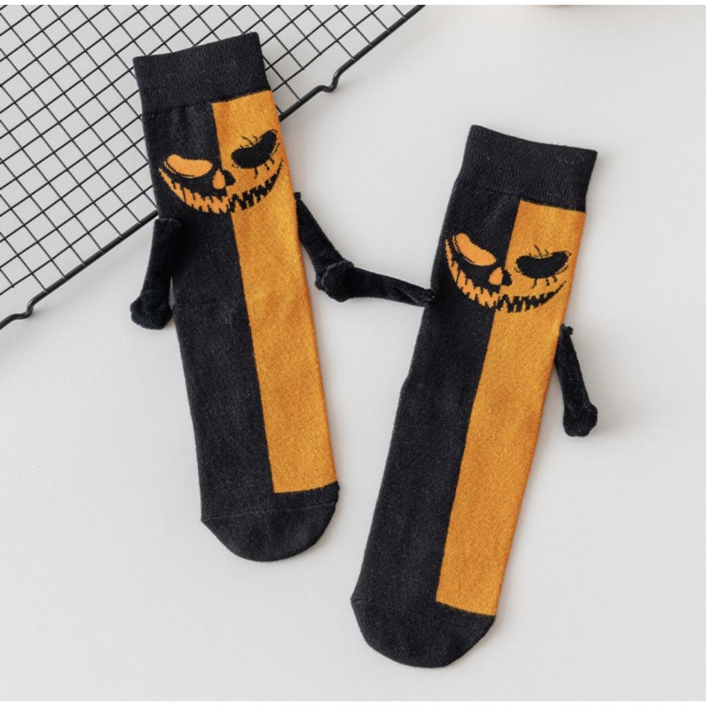 Mittelwadenlänge, Kürbis-Socken, Halloween, Händchenhaltende Socken, Lustig, Bestickt, Skelett-Socken