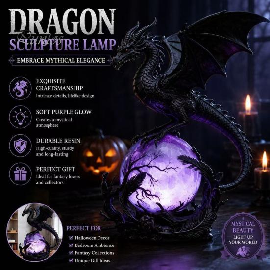 Purple Luminous Crystal Ball Gothic Dragon Night Light, Resin Statue with Glowing Cool Ornament Sphere, Fantasy Table Lamp for Halloween Home Desktop