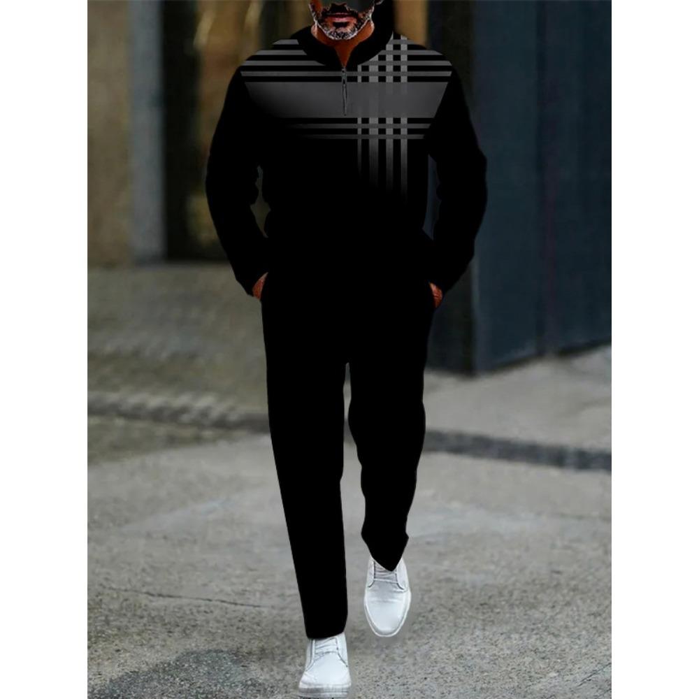 Frühling Herbst Mode Streetwear Herren Langarm Halbreißverschluss Stehkragen Lässige Sportbekleidung Herrenbekleidung Zweiteiliges Set