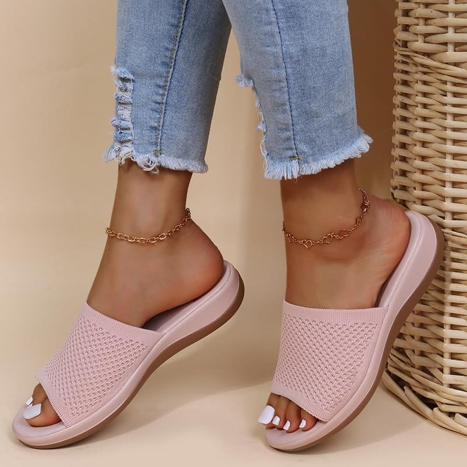 Women s Slides Elastic Band Wide Width Casual Summer Sandals Flats Comfortable Oversized 39