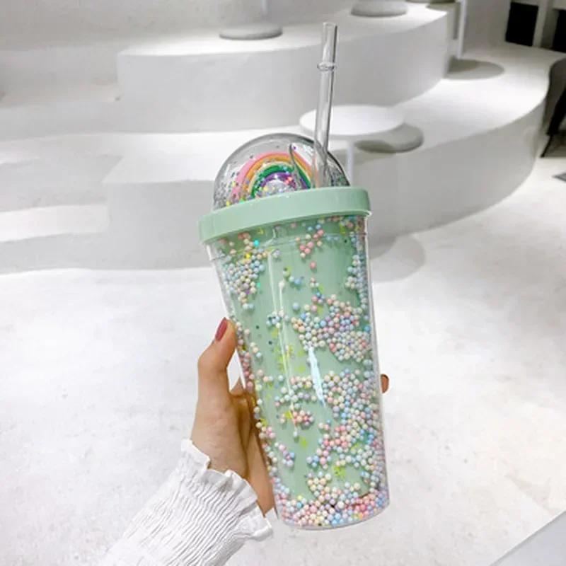 Bottiglia d'Acqua in Plastica Arcobaleno a Doppio Strato con Cannuccia Stile Coreano Tazza Dolce Creativa per Latte Caffè Tazza da Tè Bottiglie d'Acqua
