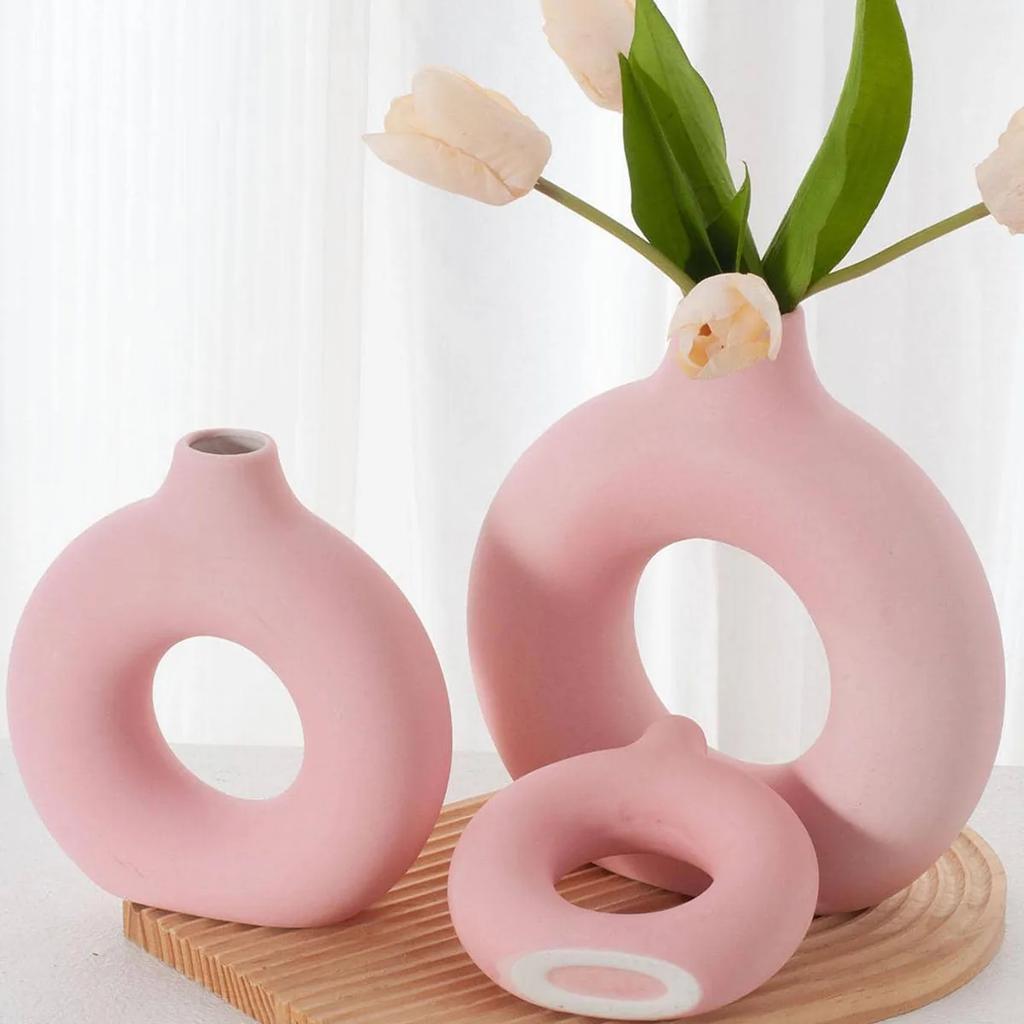 1 Stück Weiße Keramikvasen für Heimdeko, Moderne Deko Mattierte Kreisvase, Minimalistische Nordische Donut-Vase, Dekorativ