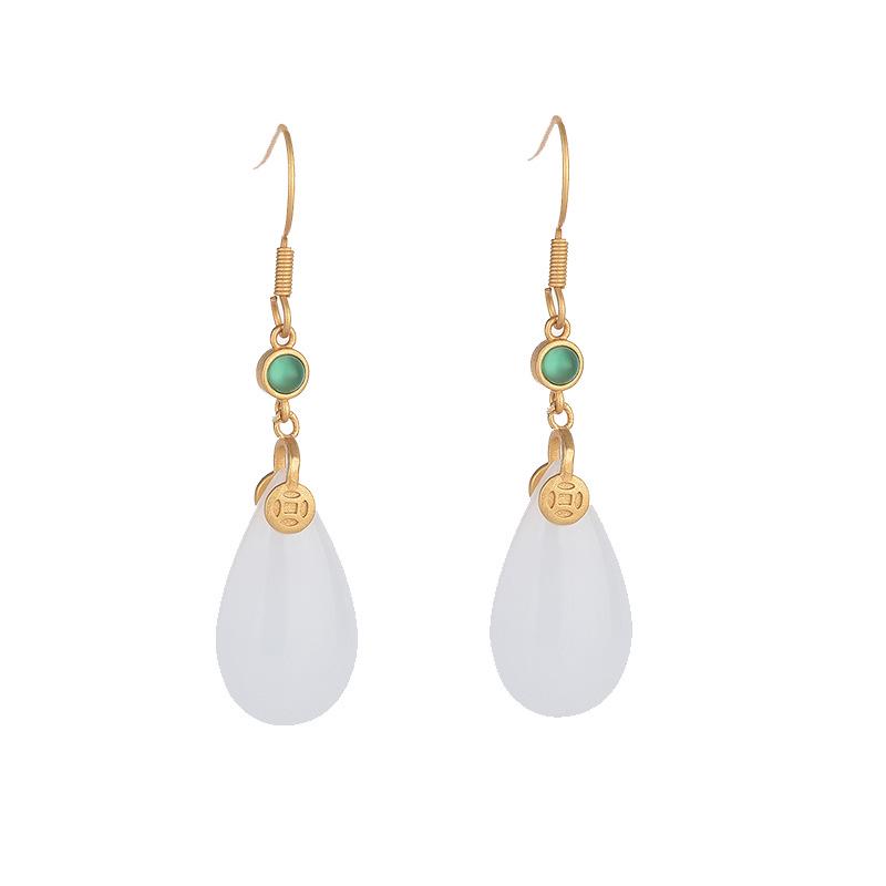 Chinese-Style Hanfu Cheongsam Chalcedony Tassel Earrings - Imitation Jade Retro Dangle for Women