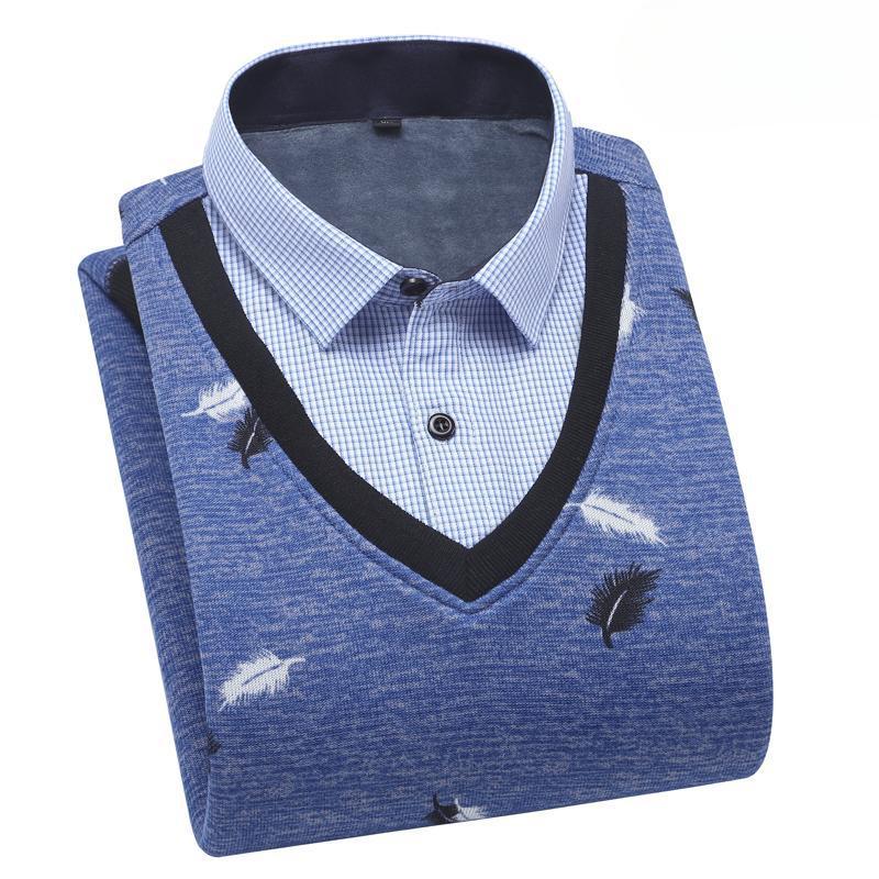 Autumn and Winter Velvet Thickened Fake Two Men's Long-sleeved Shirt Collar Pullover Sweater Casual Warm Knitted Sweater