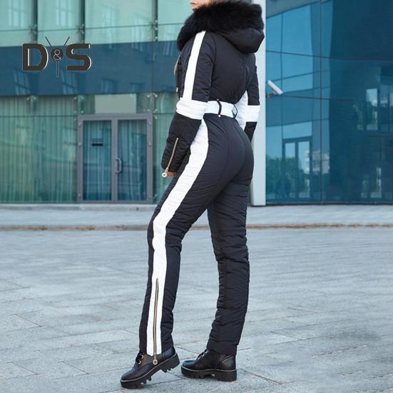 Macacão feminino para atividades ao ar livre, capuz removível, parka acolchoado, à prova de vento, mantém aquecido, à prova d'água, snowboard, esqui, fecho de zíper, roupas esportivas ao ar livre