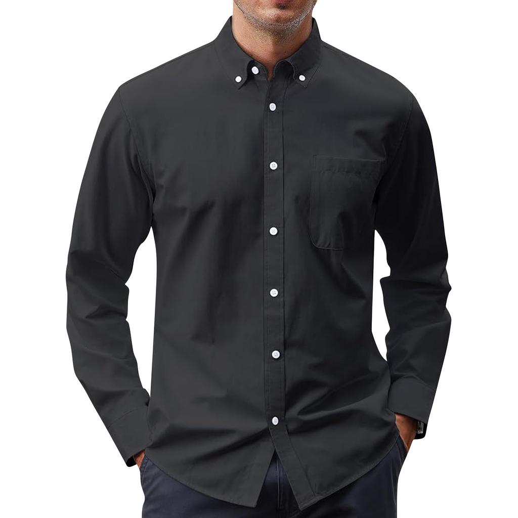 Men's Color Long Sleeve Casual Shirt with Turn-Down Collar for Everyday Wear and Sports