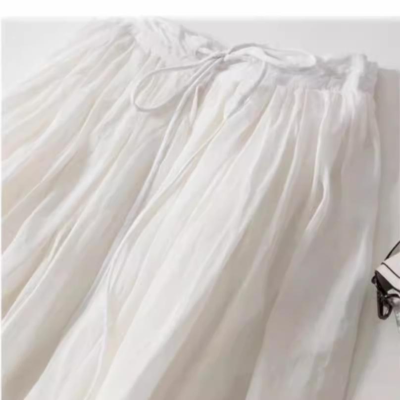 2023 Summer Japanese & Korean Loose Flowy Linen Midi Skirt with Elastic Waist