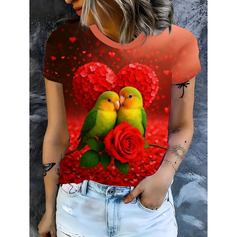 2026 Summer Fashion 3D Parrot Print Women T-Shirts Casual O-Neck Short Sleeve Tees Animal Print Trend Daily Wear Female Clothing