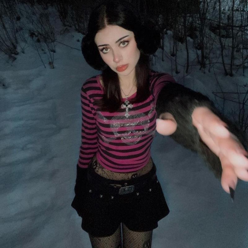 Large Size Loose Elastic Long Sleeve T-shirt Women's Striped Korean Style Velvet Bottoming Shirt Inner Wear