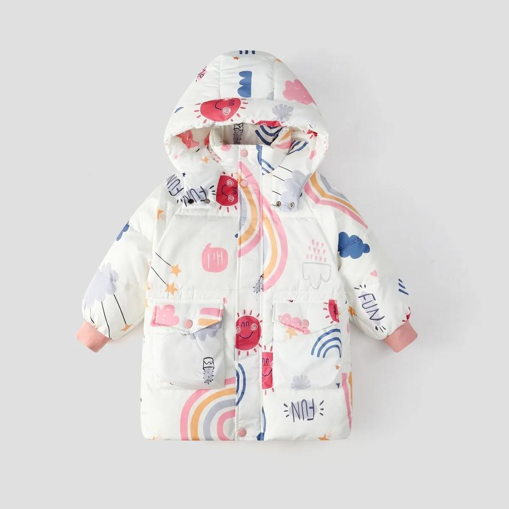 Autumn and Winter Girls' Fashionable Mid-length Thick Warm Printed Down Jacket