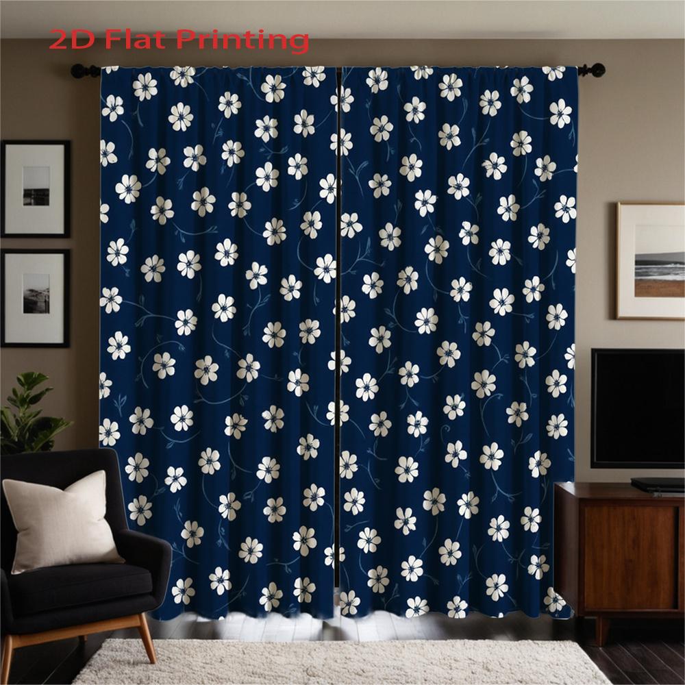 Set Of 2 Flat Printed Curtains Dark Blue Small White Flowers Pattern Polyester Fabric Home Decor Style Made