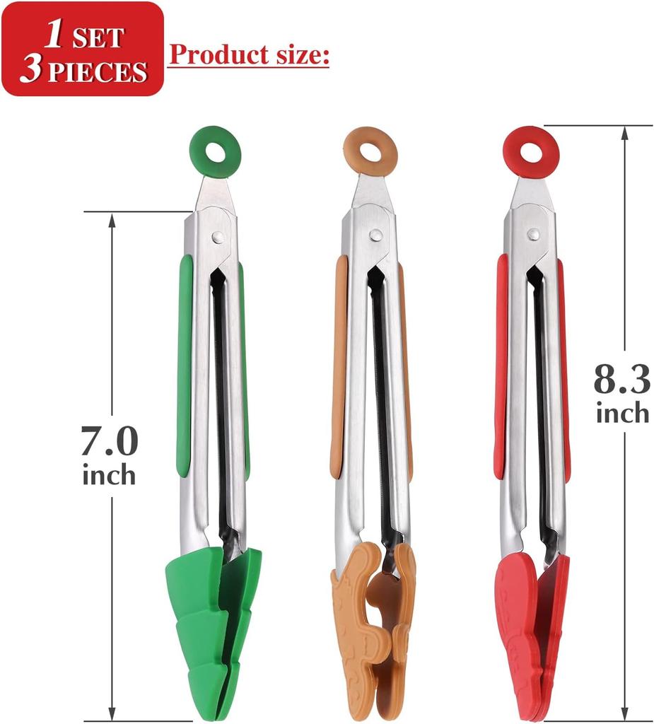 3-Piece Silicone Mini Tongs Set for Christmas, 7-Inch Mini Cooking Tongs, Kids' Holiday Set (Christmas Tree, Snowman, Gingerbrea