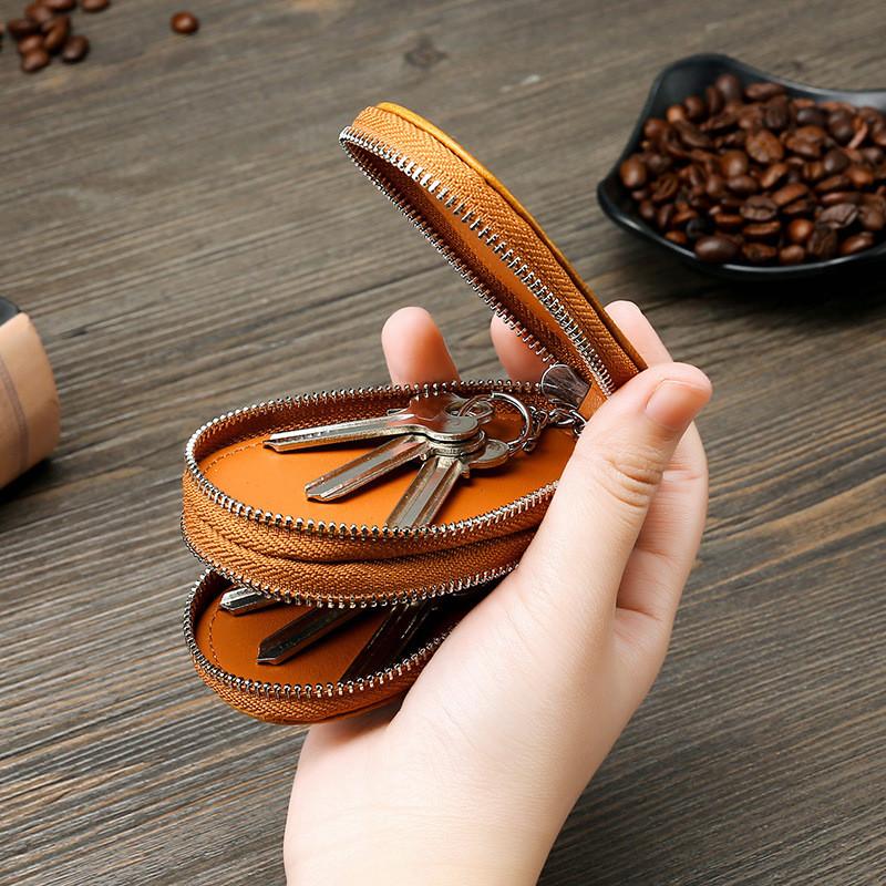 Leather Car Key Case With Double Zipper For Daily Use In Vintage Retro Style