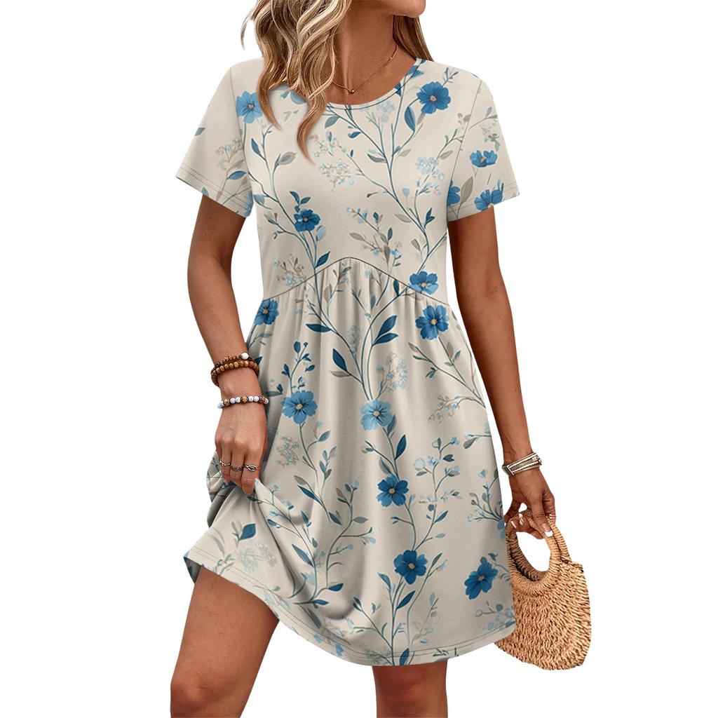 Women's Short Sleeve Floral Print Dress Casual Round Neck Waist Tie with Pockets Summer Everyday Wear