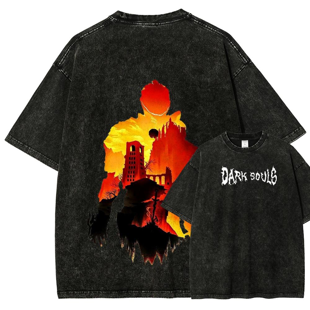 Hot Sale Action Game Peripherals Dark Souls Graphic Print T-shirt Men Women Loose Casual Oversized Vintage Washed O-neck Cotton Top Summer New Tee