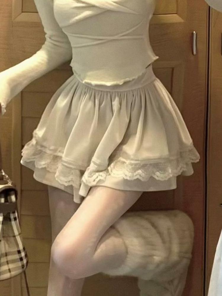 Janpanese Kawaii słodki 2-częściowy zestaw kobieta głęboki dekolt krzyżowe bluzki z dzianiny Mini spódniczka z ciastem kobieta koreański Fashion Design garnitur casual 2024 nowość